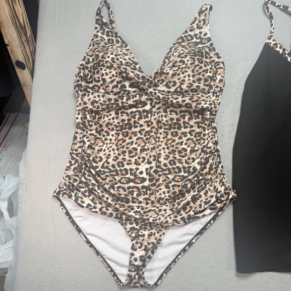 XXL Leopard Print One Piece Swimsuit with Black Cover Up Plus Size - Picture 2 of 16
